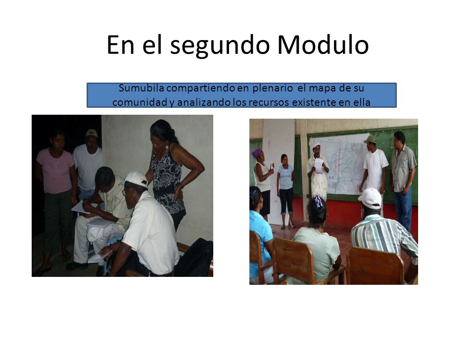 En el segundo Modulo Sumubila compartiendo en plenario el mapa de su comunidad y analizando los recursos existente en ella.