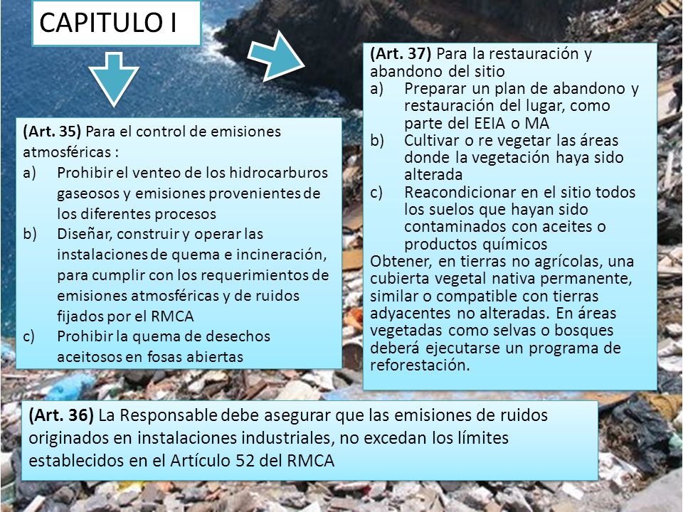 CAPITULO I (Art. 37) Para la restauración y abandono del sitio. Preparar un plan de abandono y restauración del lugar, como parte del EEIA o MA.
