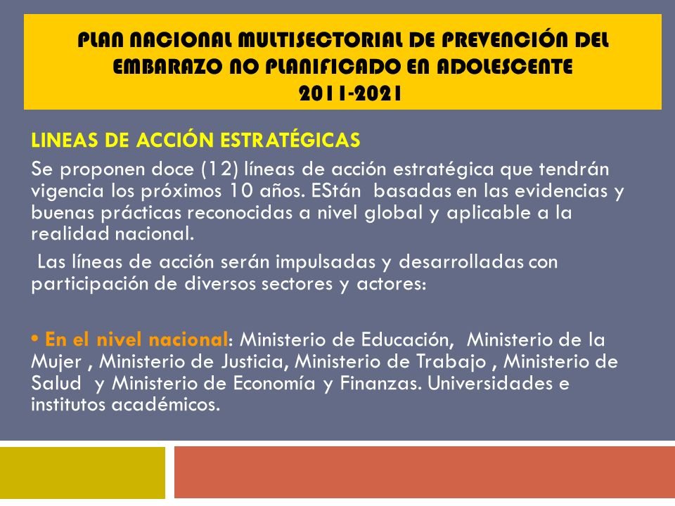 PLAN NACIONAL MULTISECTORIAL DE PREVENCIÓN DEL EMBARAZO NO PLANIFICADO EN ADOLESCENTE