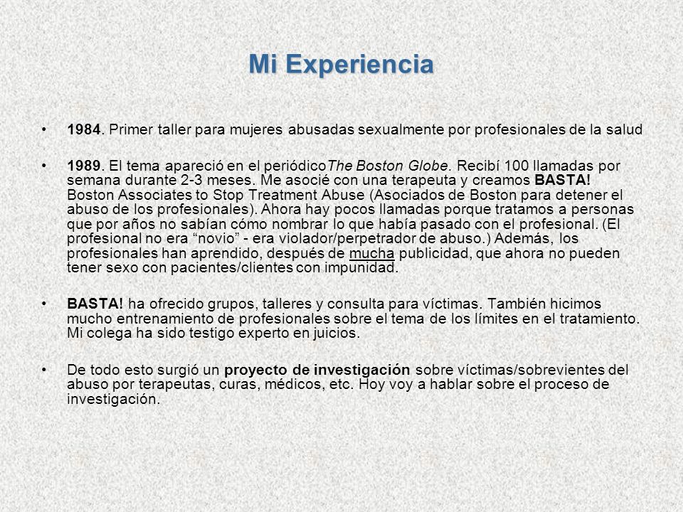 Mi Experiencia Primer taller para mujeres abusadas sexualmente por profesionales de la salud.
