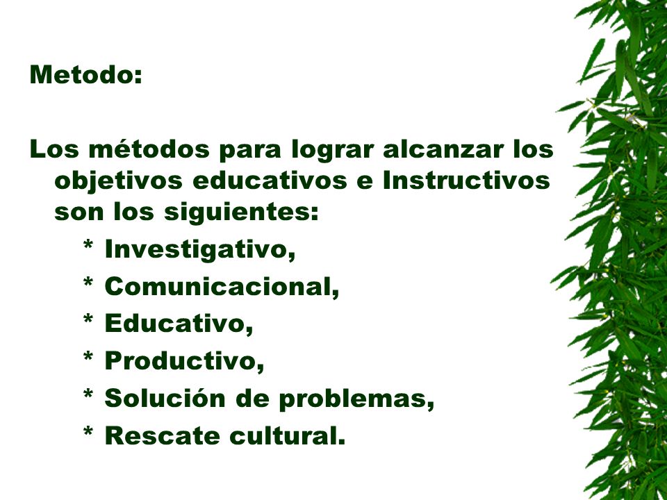 Metodo: Los métodos para lograr alcanzar los objetivos educativos e Instructivos son los siguientes: