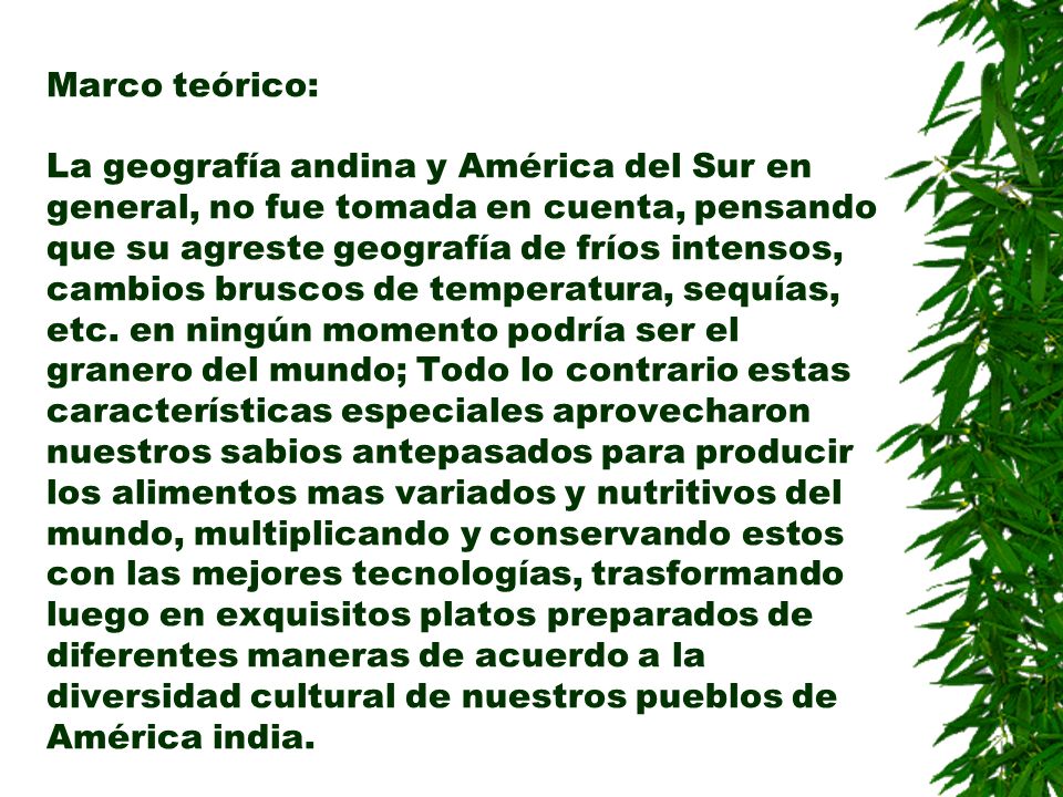 Marco teórico: La geografía andina y América del Sur en general, no fue tomada en cuenta, pensando que su agreste geografía de fríos intensos, cambios bruscos de temperatura, sequías, etc.