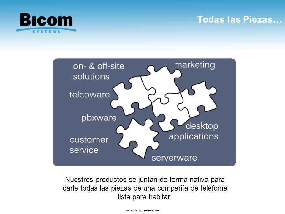 Todas las Piezas… Nuestros productos se juntan de forma nativa para darle todas las piezas de una compañía de telefonía lista para habitar.