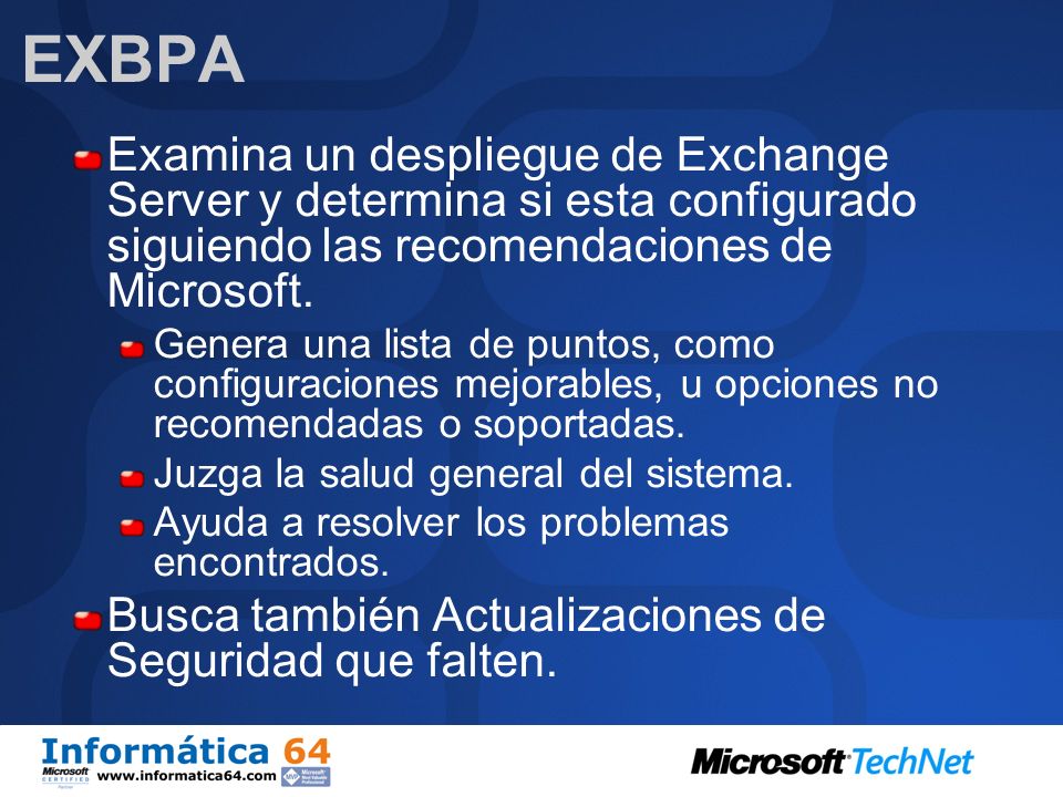 EXBPA Examina un despliegue de Exchange Server y determina si esta configurado siguiendo las recomendaciones de Microsoft.