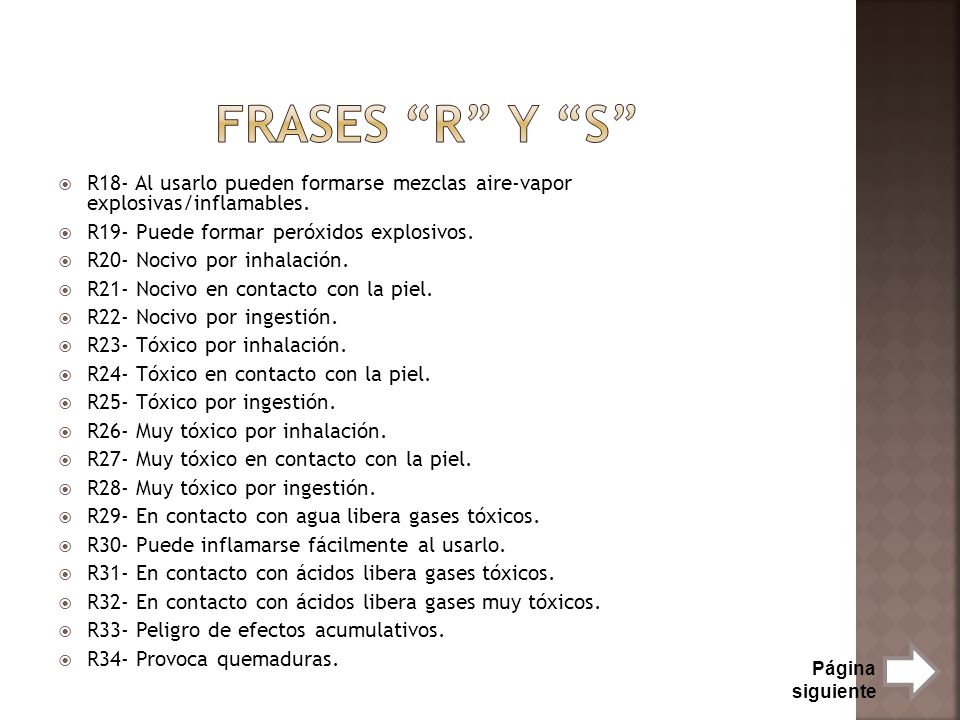 Frases R y S R18- Al usarlo pueden formarse mezclas aire-vapor explosivas/inflamables. R19- Puede formar peróxidos explosivos.