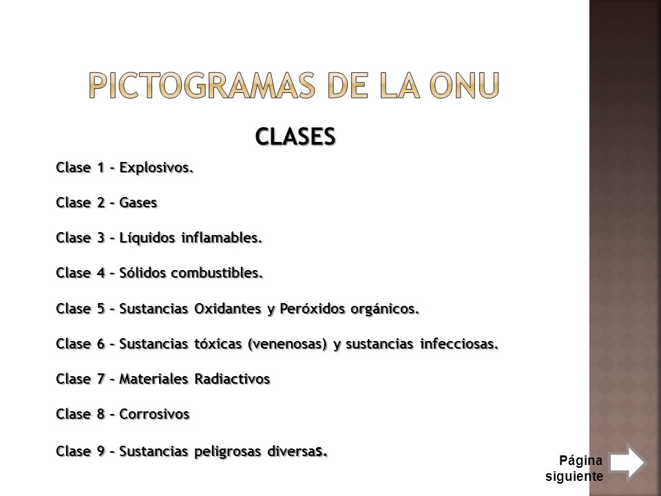 Pictogramas de la onu CLASES Clase 1 - Explosivos. Clase 2 – Gases