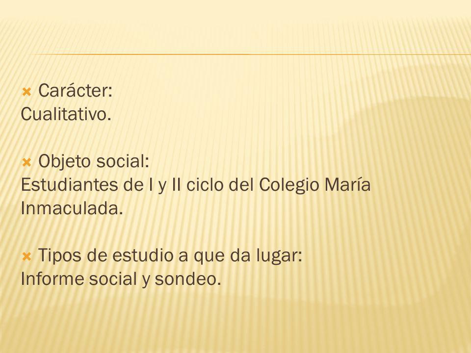 Carácter: Cualitativo. Objeto social: Estudiantes de I y II ciclo del Colegio María. Inmaculada.