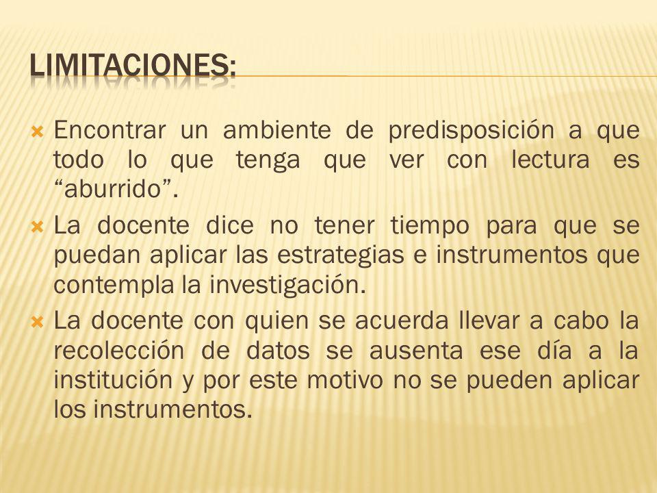 Limitaciones: Encontrar un ambiente de predisposición a que todo lo que tenga que ver con lectura es aburrido .