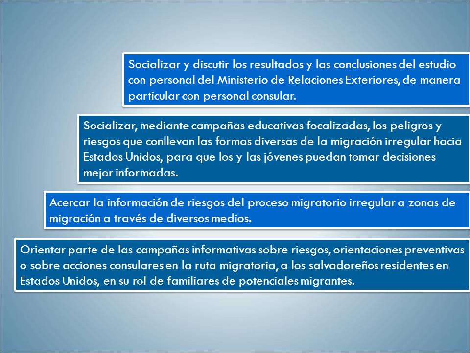 Socializar y discutir los resultados y las conclusiones del estudio con personal del Ministerio de Relaciones Exteriores, de manera particular con personal consular.