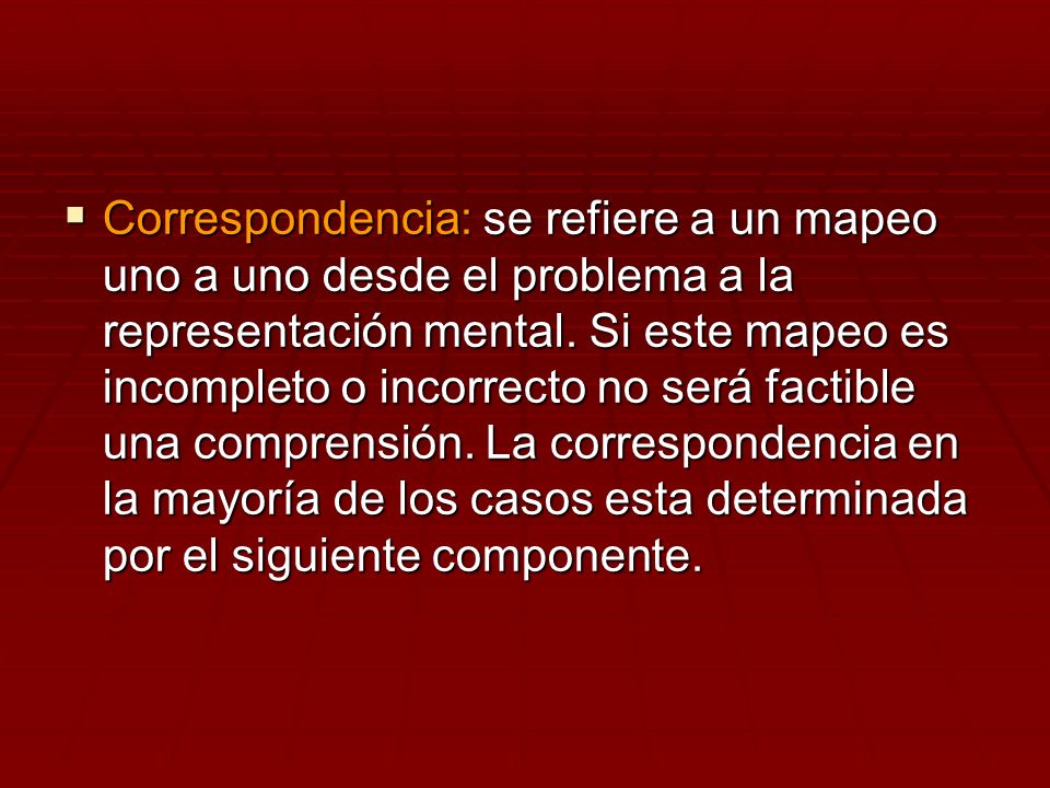 Correspondencia: se refiere a un mapeo uno a uno desde el problema a la representación mental.