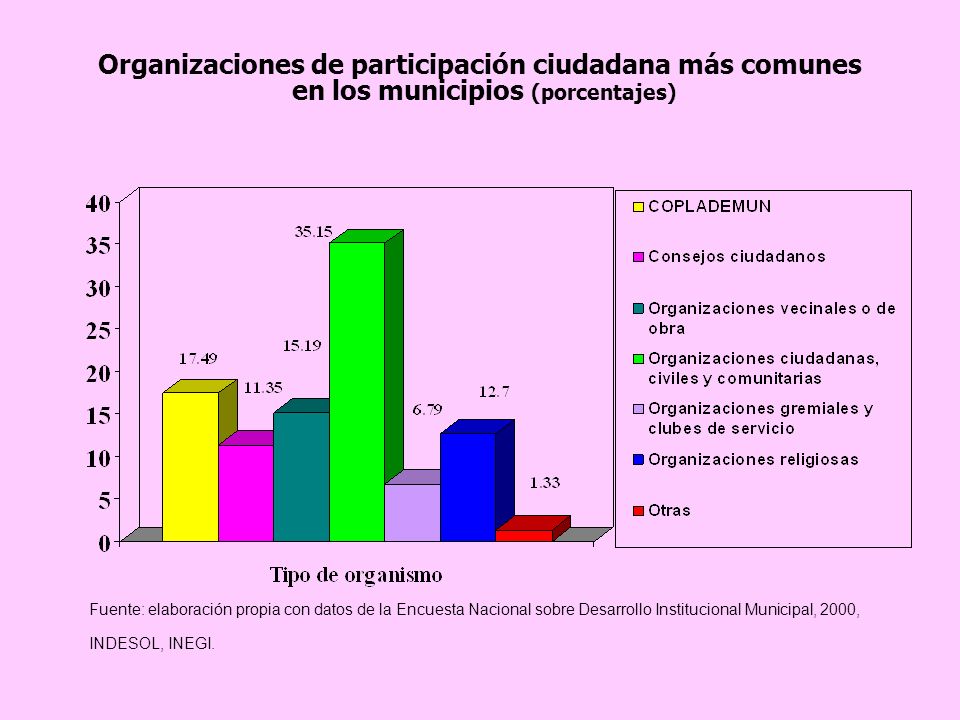 Organizaciones de participación ciudadana más comunes en los municipios (porcentajes)