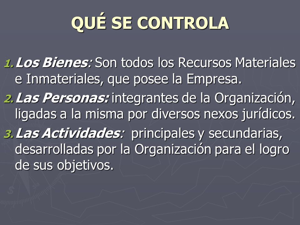 QUÉ SE CONTROLA Los Bienes: Son todos los Recursos Materiales e Inmateriales, que posee la Empresa.