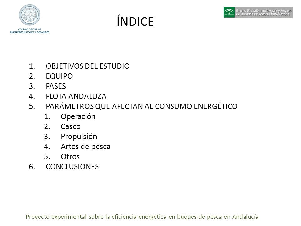 ÍNDICE OBJETIVOS DEL ESTUDIO EQUIPO FASES FLOTA ANDALUZA
