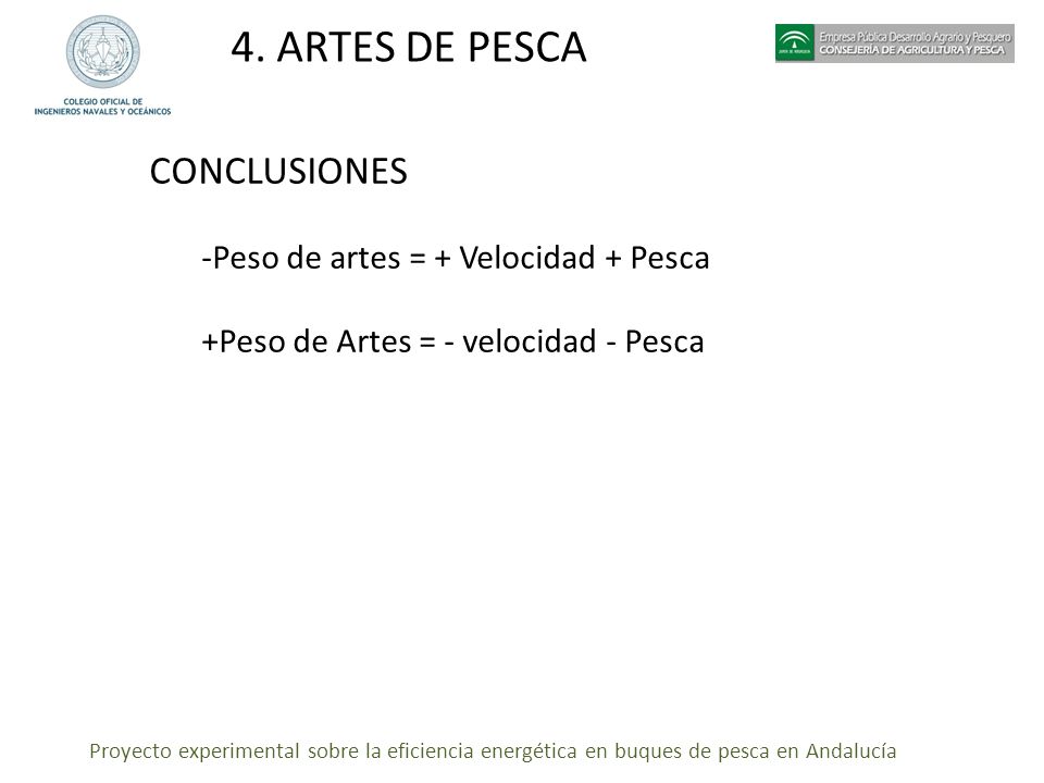 4. ARTES DE PESCA CONCLUSIONES -Peso de artes = + Velocidad + Pesca