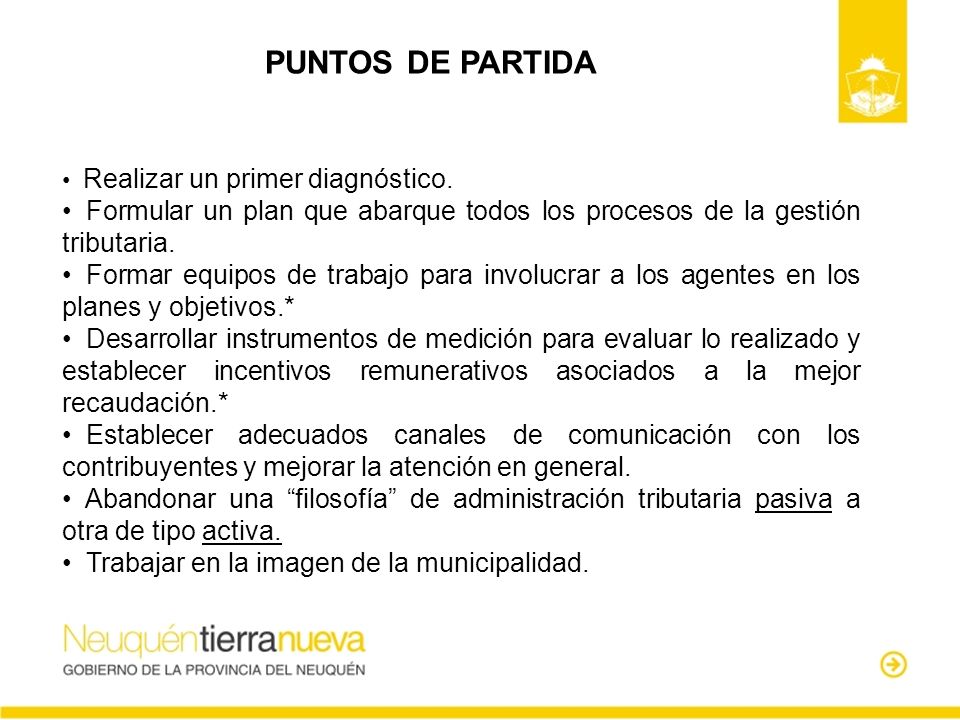 PUNTOS DE PARTIDA Realizar un primer diagnóstico. Formular un plan que abarque todos los procesos de la gestión tributaria.
