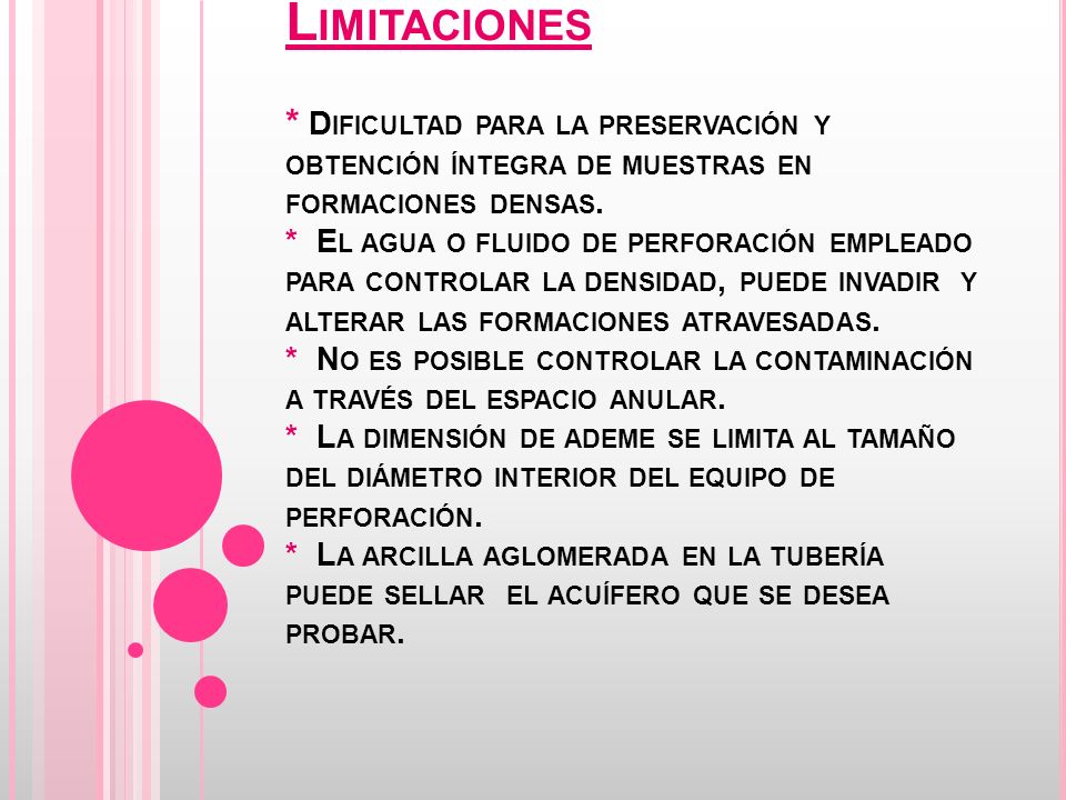 Limitaciones * Dificultad para la preservación y obtención íntegra de muestras en formaciones densas.