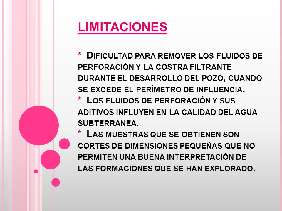LIMITACIONES * Dificultad para remover los fluidos de perforación y la costra filtrante durante el desarrollo del pozo, cuando se excede el perímetro de influencia.