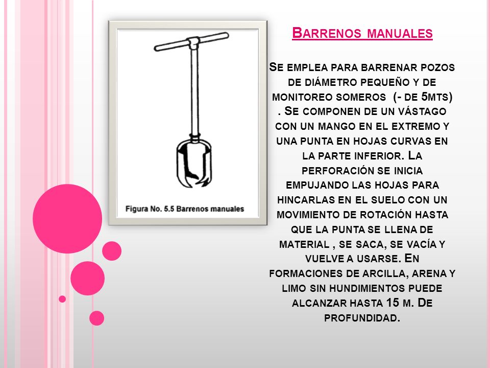 Barrenos manuales Se emplea para barrenar pozos de diámetro pequeño y de monitoreo someros (- de 5mts) .