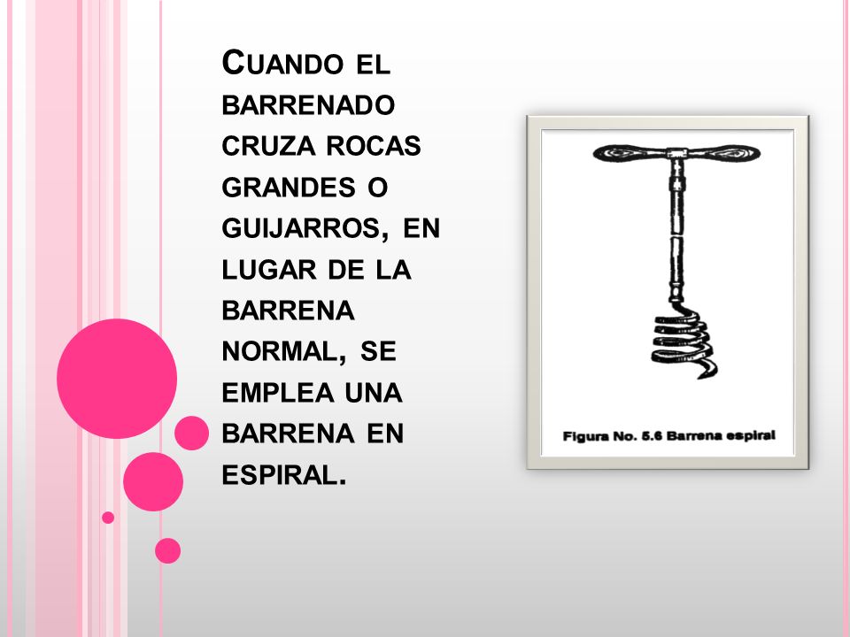 Cuando el barrenado cruza rocas grandes o guijarros, en lugar de la barrena normal, se emplea una barrena en espiral.