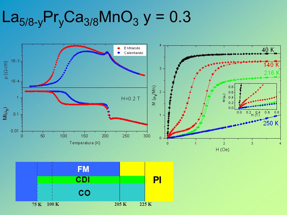 La5/8-yPryCa3/8MnO3 y = 0.3 PI FM CDI CO 225 K 205 K 100 K 75 K