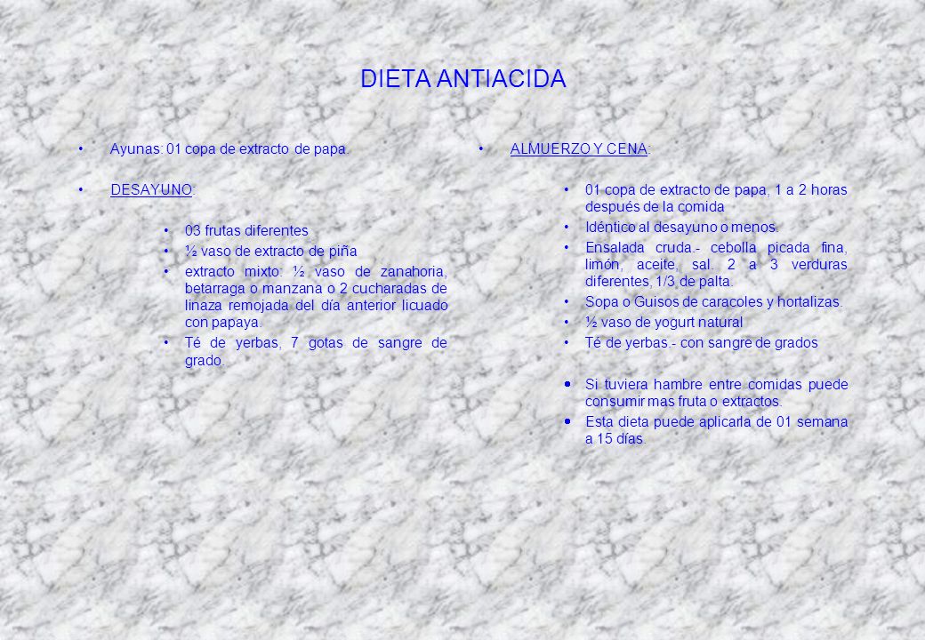 DIETA ANTIACIDA Ayunas: 01 copa de extracto de papa. DESAYUNO: