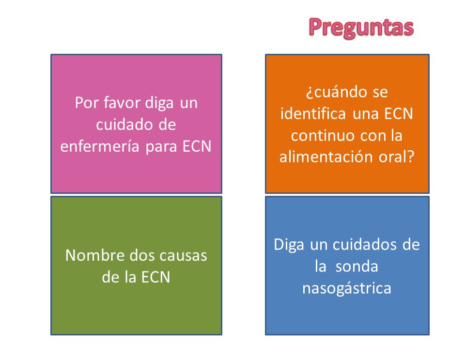Preguntas Por favor diga un cuidado de enfermería para ECN. ¿cuándo se identifica una ECN continuo con la alimentación oral
