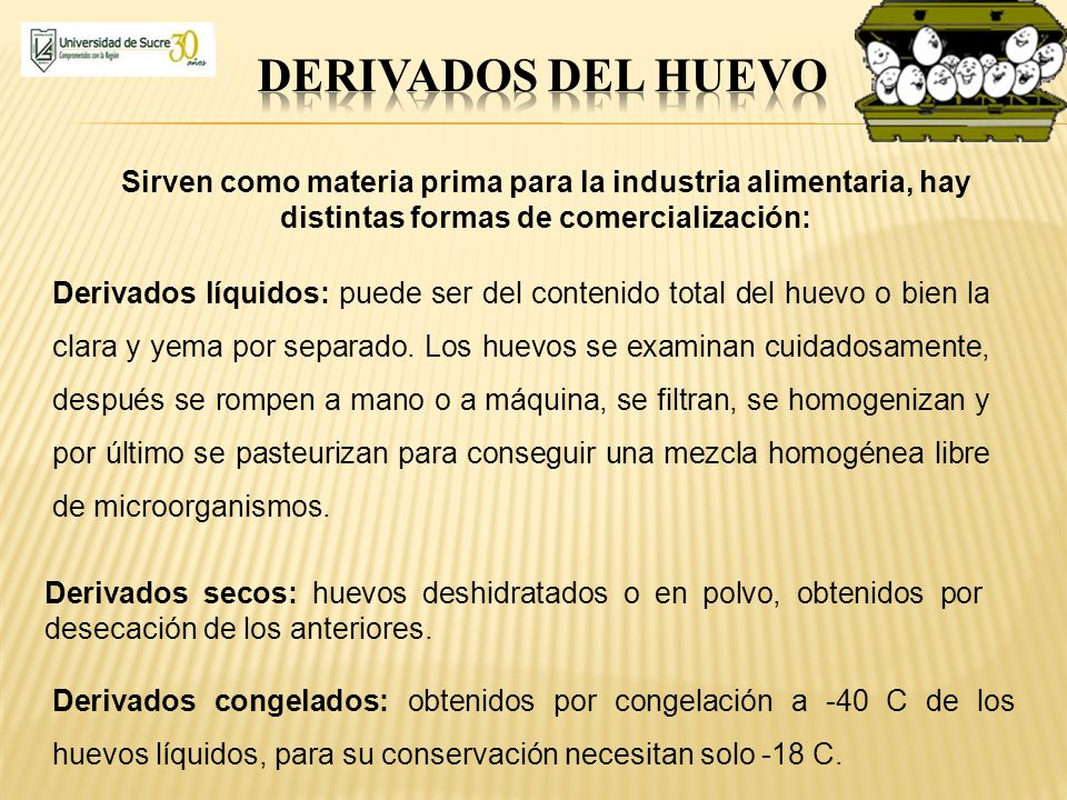 Derivados del huevo Sirven como materia prima para la industria alimentaria, hay distintas formas de comercialización: