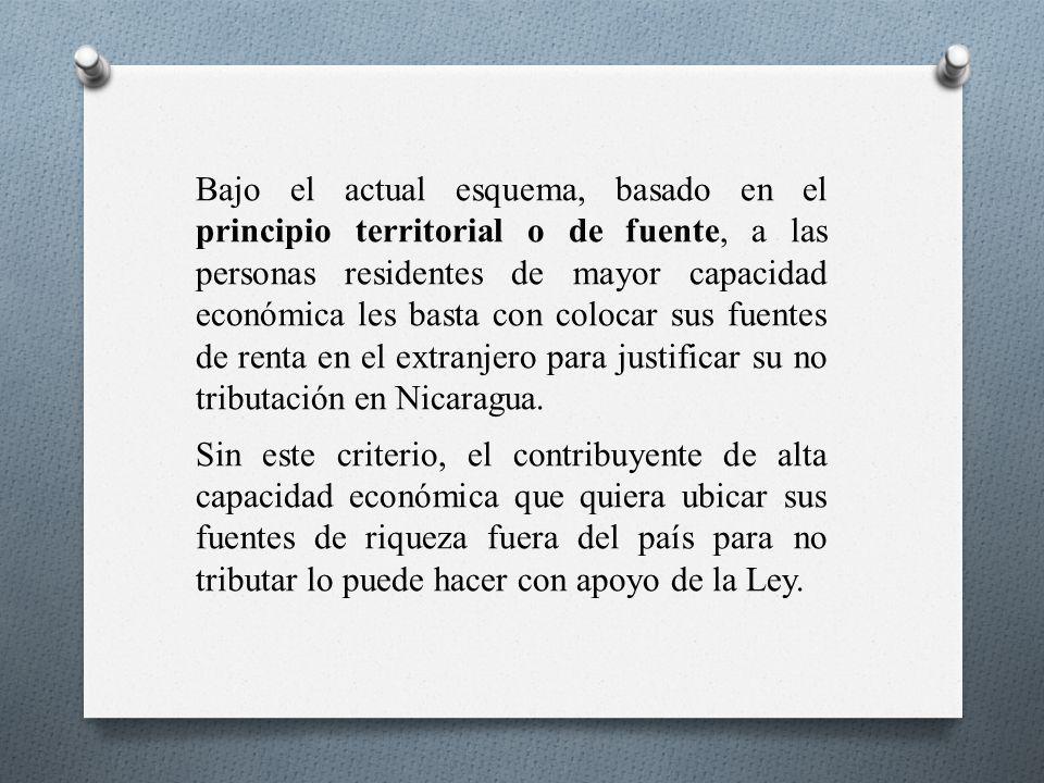 Bajo el actual esquema, basado en el principio territorial o de fuente, a las personas residentes de mayor capacidad económica les basta con colocar sus fuentes de renta en el extranjero para justificar su no tributación en Nicaragua.