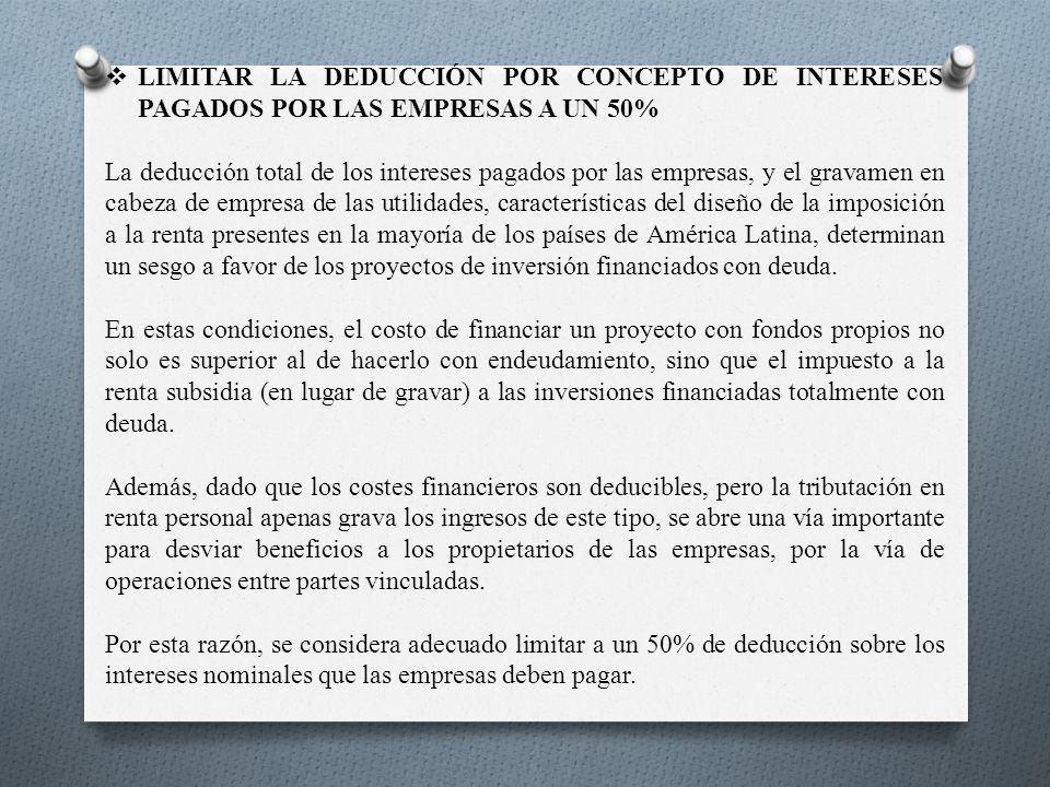 LIMITAR LA DEDUCCIÓN POR CONCEPTO DE INTERESES PAGADOS POR LAS EMPRESAS A UN 50%