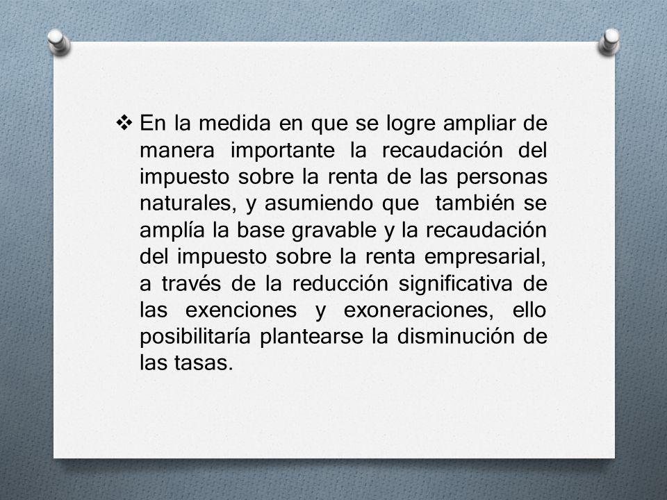 En la medida en que se logre ampliar de manera importante la recaudación del impuesto sobre la renta de las personas naturales, y asumiendo que también se amplía la base gravable y la recaudación del impuesto sobre la renta empresarial, a través de la reducción significativa de las exenciones y exoneraciones, ello posibilitaría plantearse la disminución de las tasas.