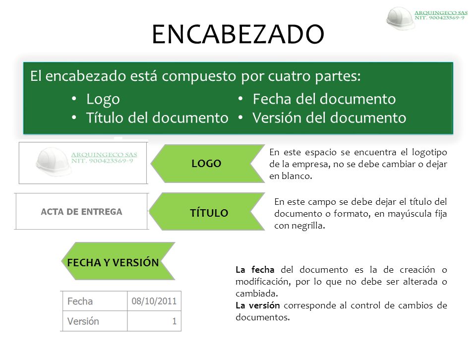 ENCABEZADO El encabezado está compuesto por cuatro partes: Logo