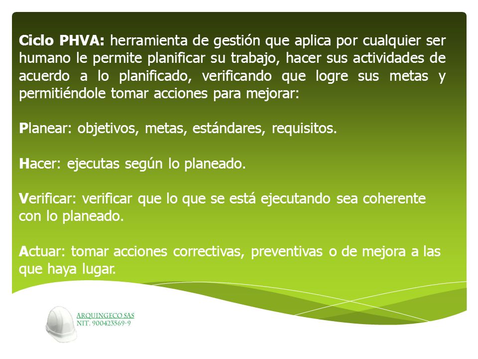 Ciclo PHVA: herramienta de gestión que aplica por cualquier ser humano le permite planificar su trabajo, hacer sus actividades de acuerdo a lo planificado, verificando que logre sus metas y permitiéndole tomar acciones para mejorar: