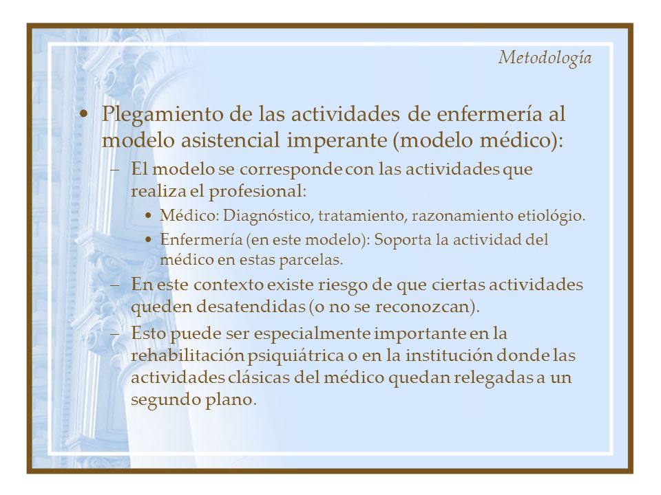 Metodología Plegamiento de las actividades de enfermería al modelo asistencial imperante (modelo médico):