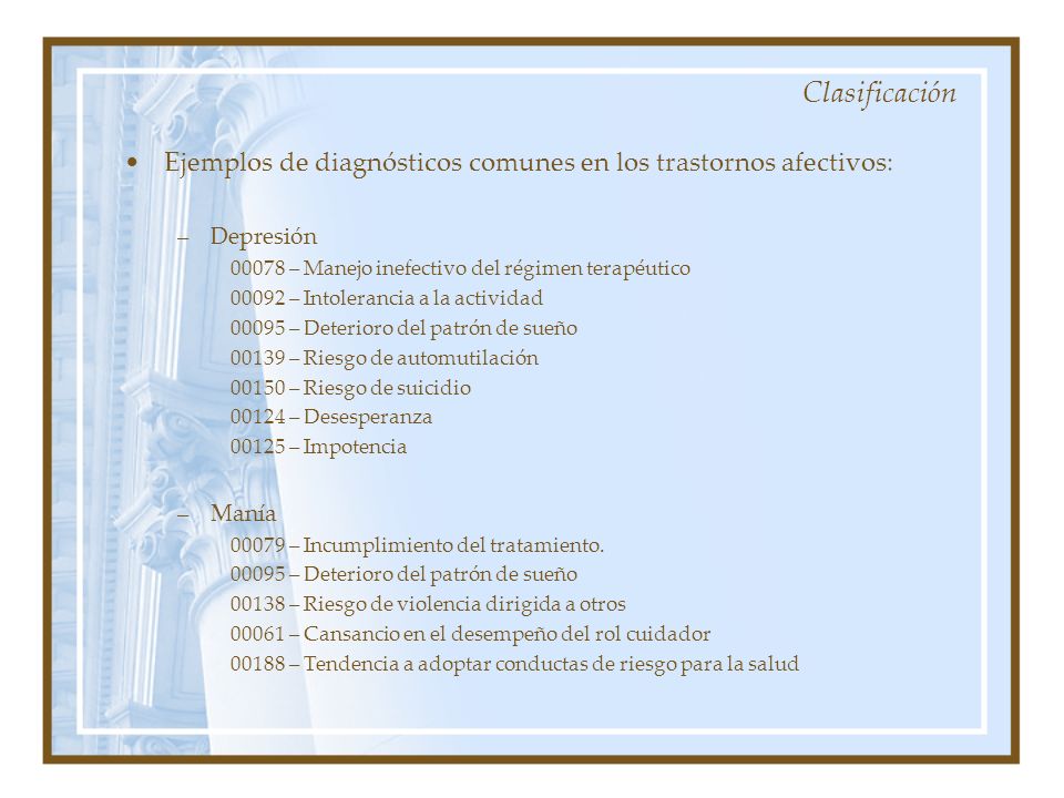 Clasificación Ejemplos de diagnósticos comunes en los trastornos afectivos: Depresión – Manejo inefectivo del régimen terapéutico.