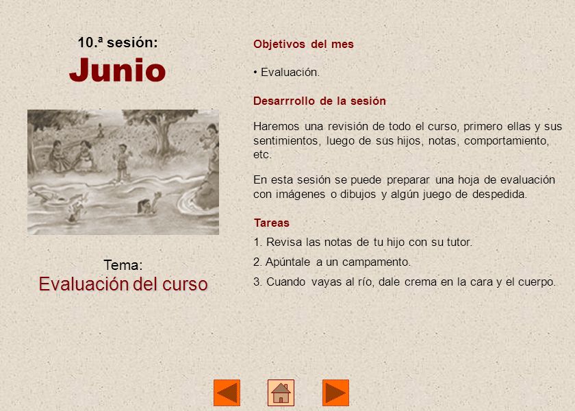 Junio Evaluación del curso 10.ª sesión: Tema: Objetivos del mes