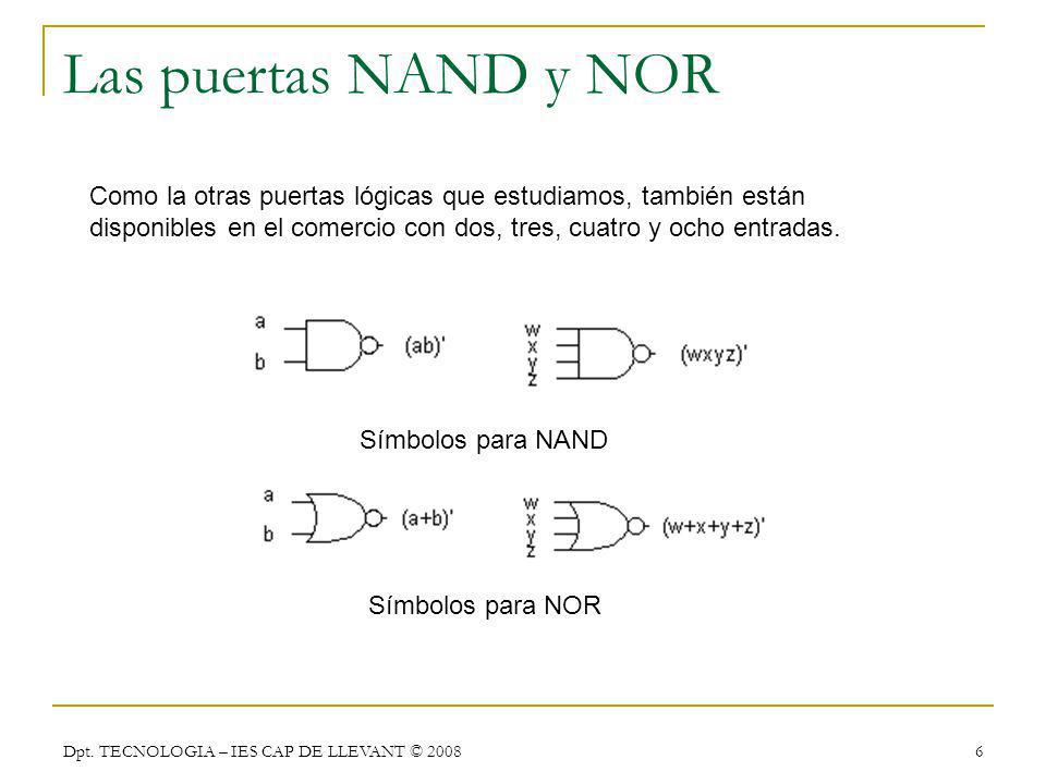 Las puertas NAND y NOR Como la otras puertas lógicas que estudiamos, también están disponibles en el comercio con dos, tres, cuatro y ocho entradas.