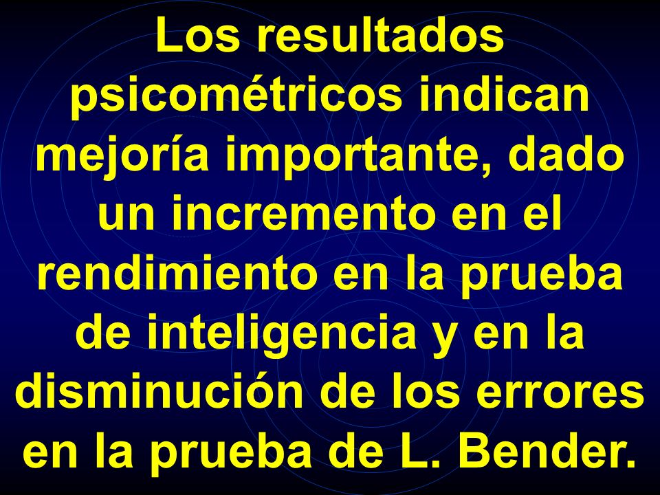 Los resultados psicométricos indican mejoría importante, dado un incremento en el rendimiento en la prueba de inteligencia y en la disminución de los errores en la prueba de L.