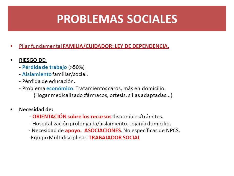 PROBLEMAS SOCIALES Pilar fundamental FAMILIA/CUIDADOR: LEY DE DEPENDENCIA. RIESGO DE: - Pérdida de trabajo (>50%)