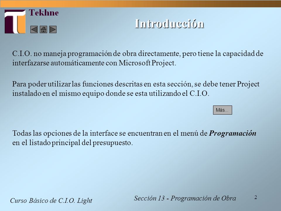Introducción C.I.O. no maneja programación de obra directamente, pero tiene la capacidad de interfazarse automáticamente con Microsoft Project.