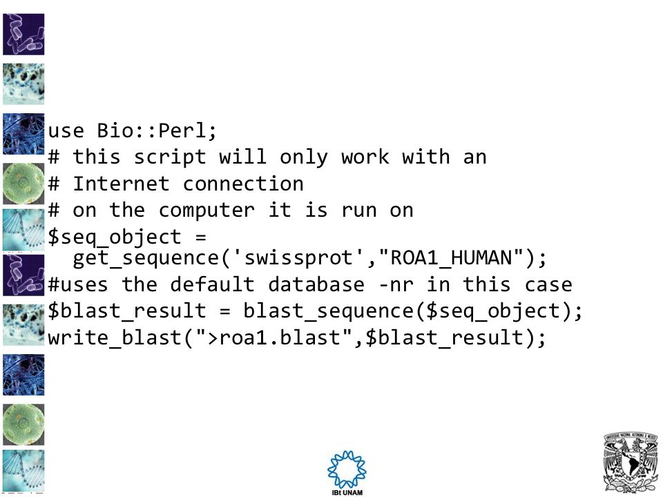 use Bio::Perl; # this script will only work with an. # Internet connection. # on the computer it is run on.