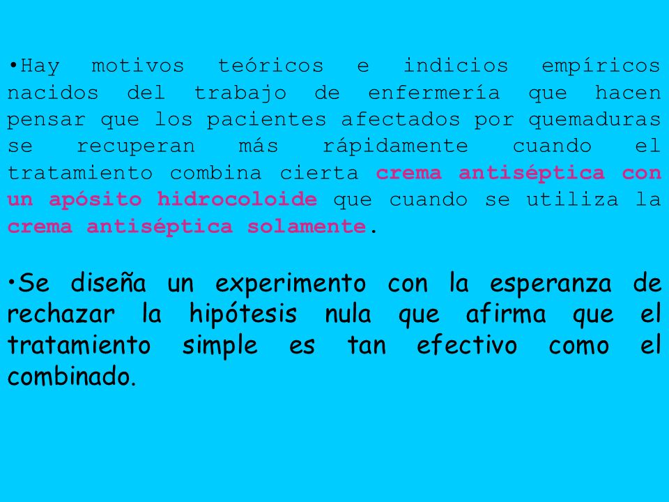 Hay motivos teóricos e indicios empíricos nacidos del trabajo de enfermería que hacen pensar que los pacientes afectados por quemaduras se recuperan más rápidamente cuando el tratamiento combina cierta crema antiséptica con un apósito hidrocoloide que cuando se utiliza la crema antiséptica solamente.