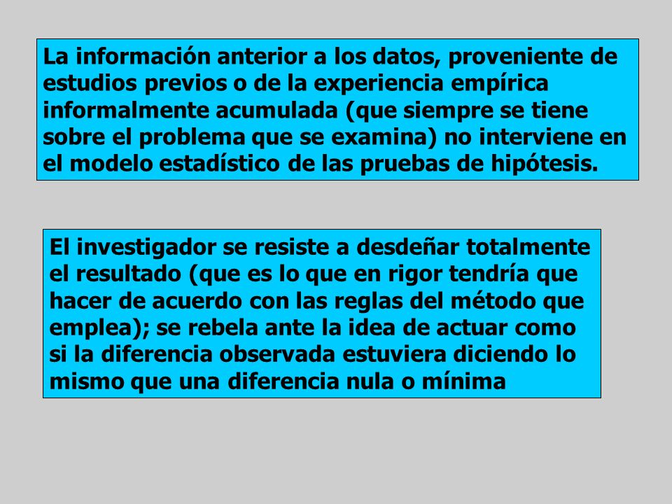 La información anterior a los datos, proveniente de estudios previos o de la experiencia empírica informalmente acumulada (que siempre se tiene sobre el problema que se examina) no interviene en el modelo estadístico de las pruebas de hipótesis.