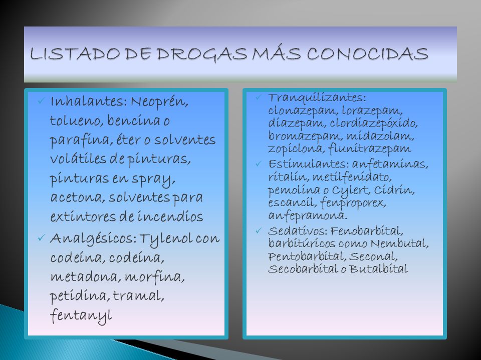 LISTADO DE DROGAS MÁS CONOCIDAS