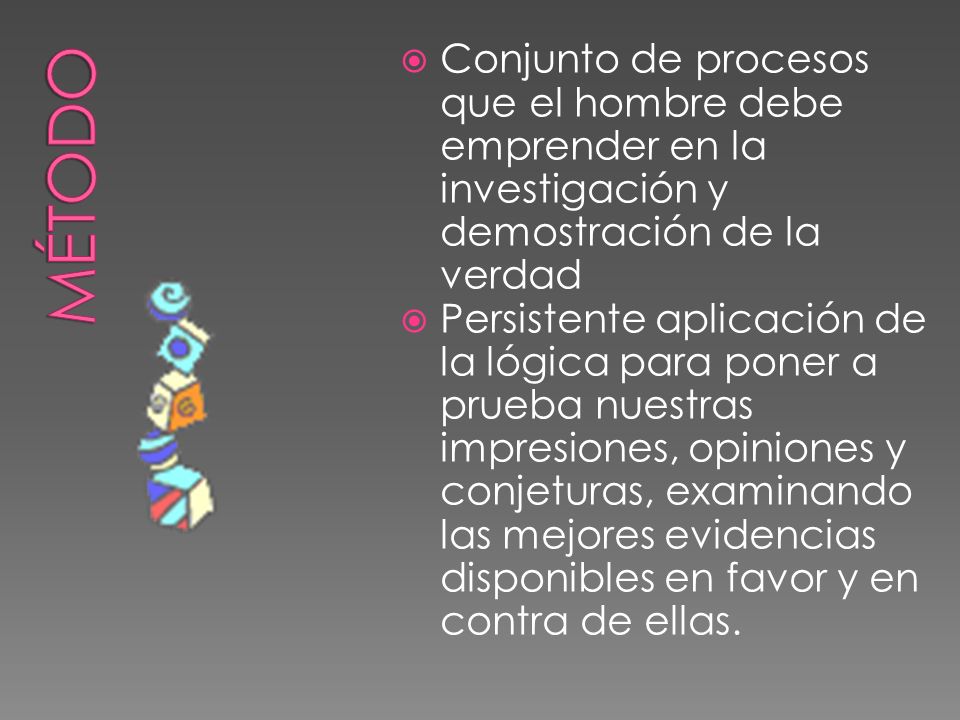 Método Conjunto de procesos que el hombre debe emprender en la investigación y demostración de la verdad.