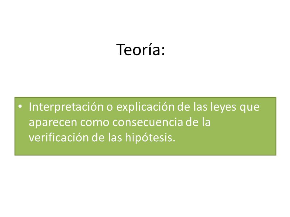 Teoría: Interpretación o explicación de las leyes que aparecen como consecuencia de la verificación de las hipótesis.