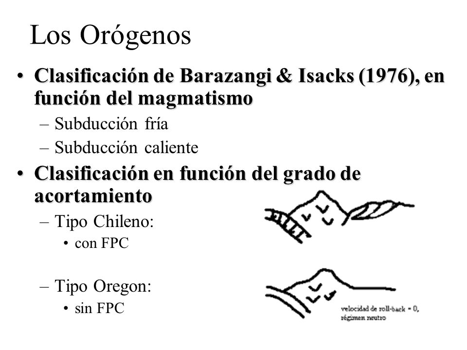 Los Orógenos Clasificación de Barazangi & Isacks (1976), en función del magmatismo. Subducción fría.