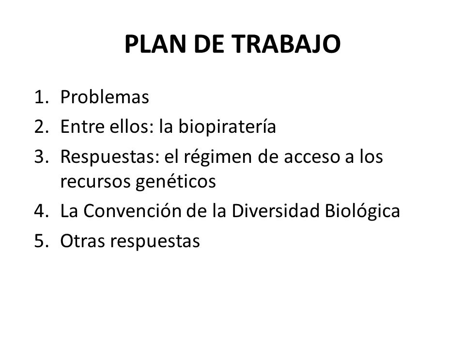 PLAN DE TRABAJO Problemas Entre ellos: la biopiratería