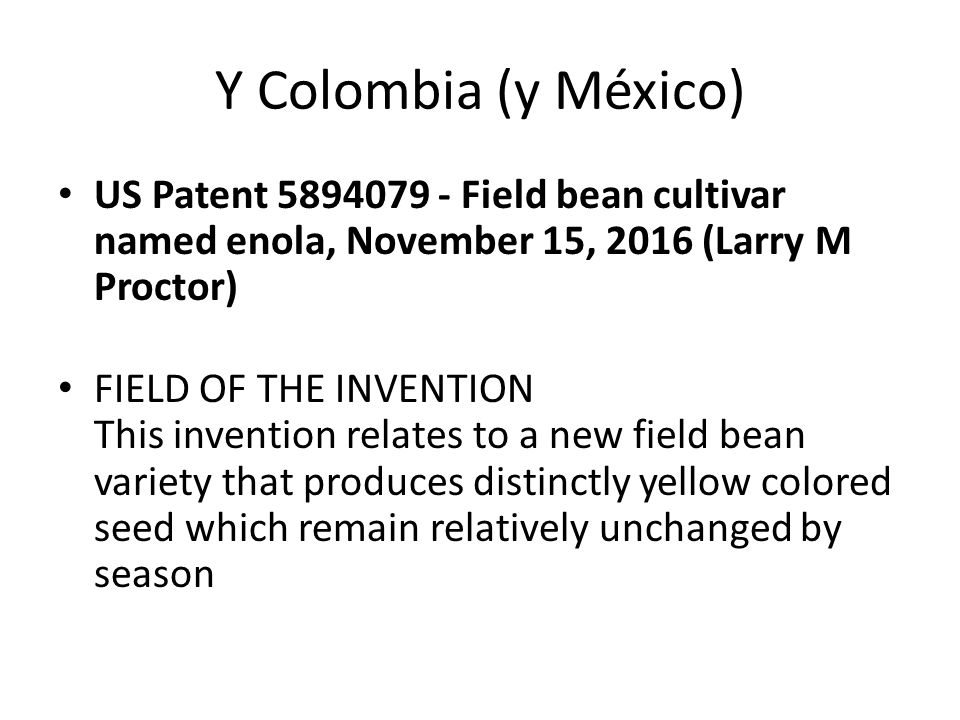 Y Colombia (y México) US Patent Field bean cultivar named enola, November 15, 2016 (Larry M Proctor)