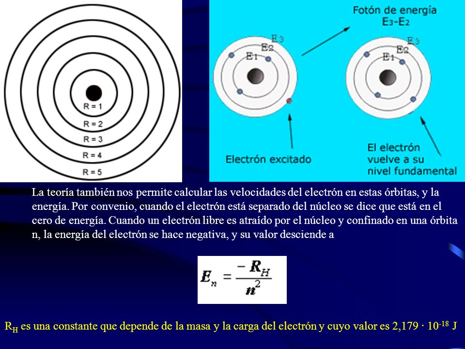 La teoría también nos permite calcular las velocidades del electrón en estas órbitas, y la energía. Por convenio, cuando el electrón está separado del núcleo se dice que está en el cero de energía. Cuando un electrón libre es atraído por el núcleo y confinado en una órbita n, la energía del electrón se hace negativa, y su valor desciende a