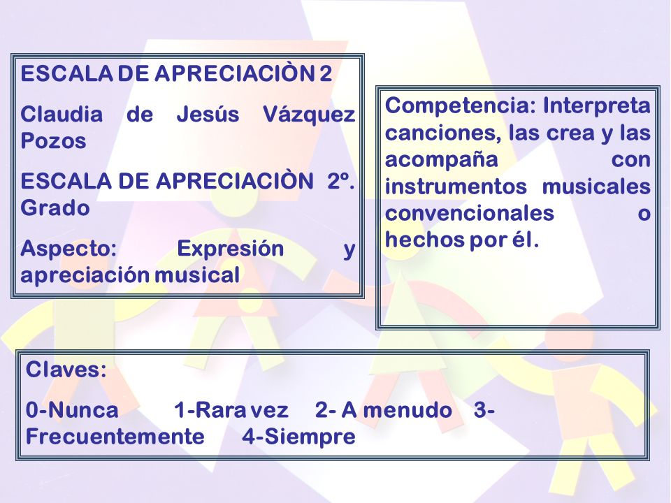 ESCALA DE APRECIACIÒN 2 Claudia de Jesús Vázquez Pozos. ESCALA DE APRECIACIÒN 2º. Grado. Aspecto: Expresión y apreciación musical.